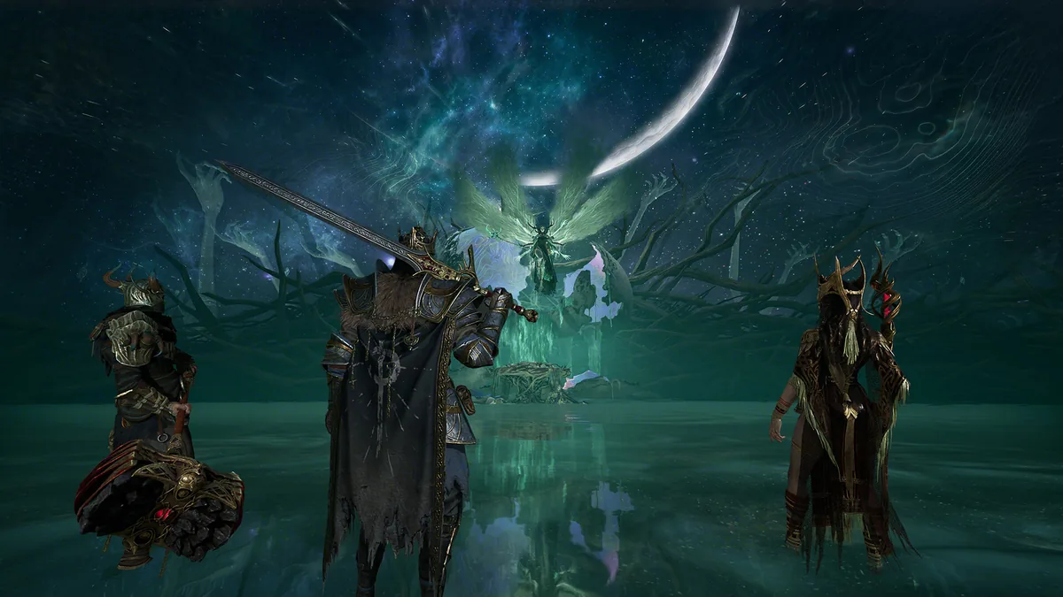Mistfall Hunter Steam screenshot showing a party facing a glowing hostile figure in a dark arena