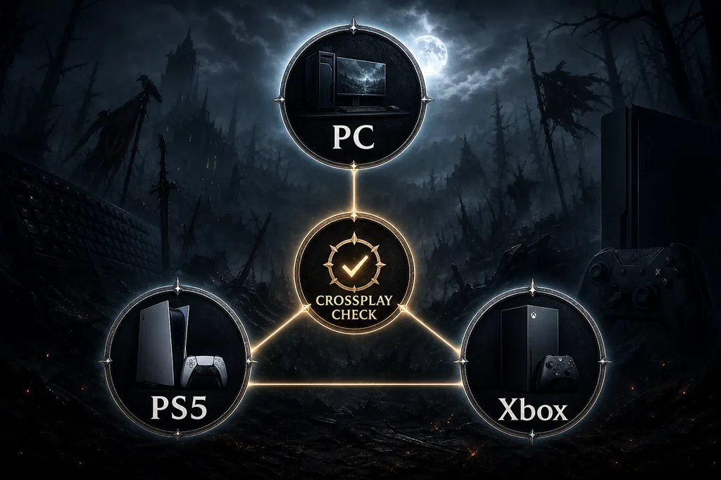 Editorial concept diagram connecting PC, PS5, and Xbox for a Mistfall Hunter crossplay check