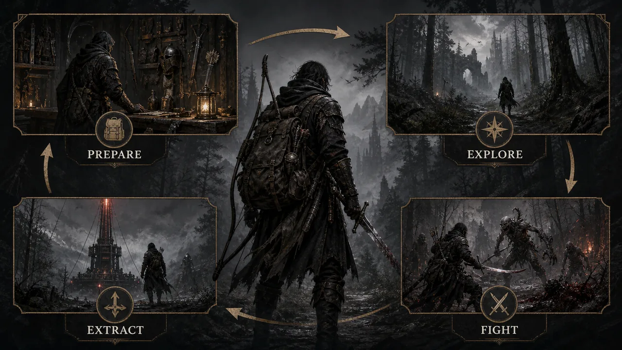 Editorial diagram of the Mistfall Hunter gameplay loop from preparation through exploration, fighting, and extraction
