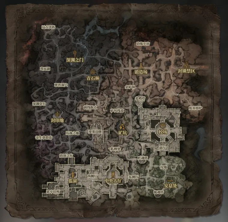 Community map reference for Brand Keep in Mistfall Hunter with interior and exterior route landmarks