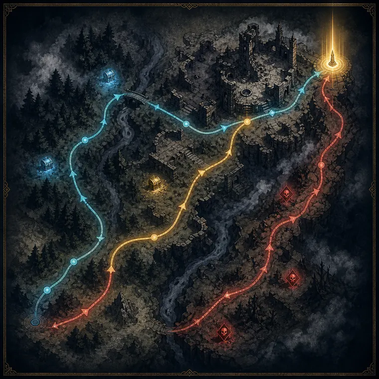 Conceptual Mistfall Hunter map route diagram comparing safe, balanced, and dangerous extraction paths