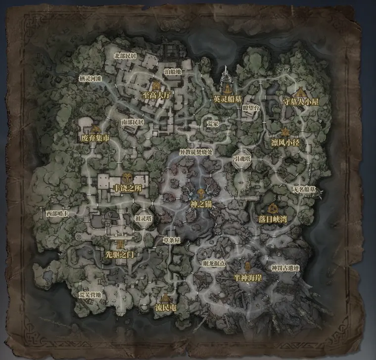 Community map reference for the Shenwood map in Mistfall Hunter with named locations