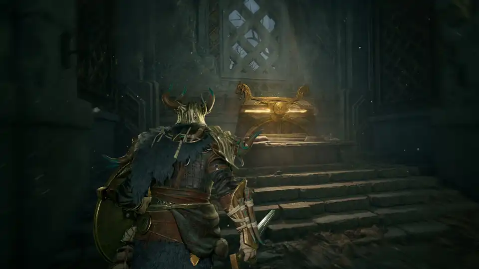 Official Mistfall Hunter Steam screenshot of a hunter approaching a chest in a dark stone chamber