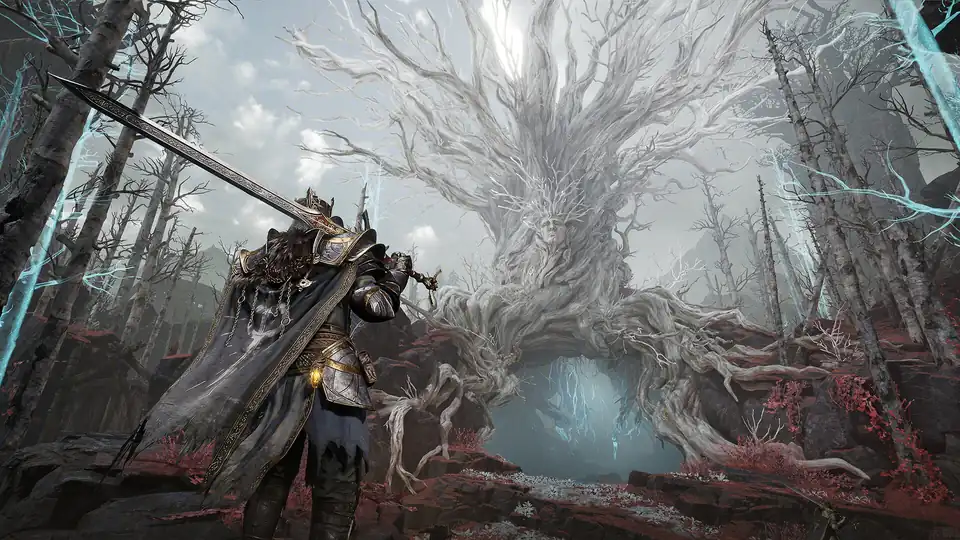 Official Mistfall Hunter Steam screenshot of a hunter facing a luminous tree in a forest