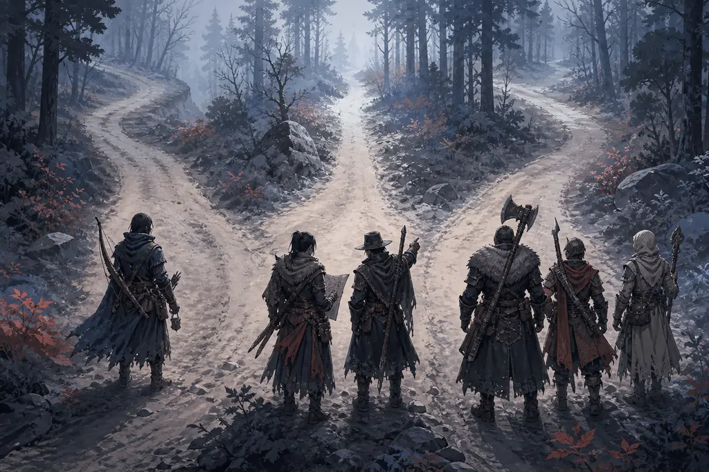 Editorial illustration of Mistfall Hunter hunters choosing three snowy extraction routes